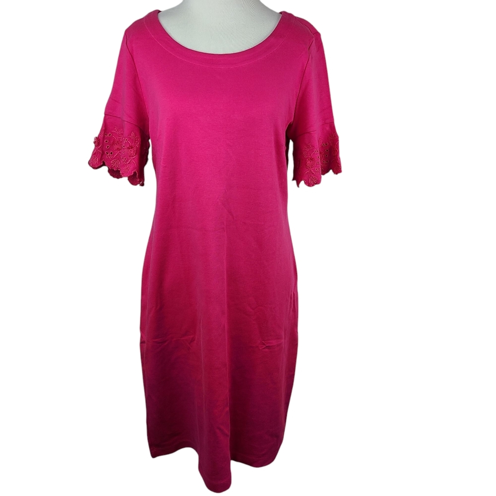 Talbots pink short-sleeve with embroidery shift dress size medium NEW